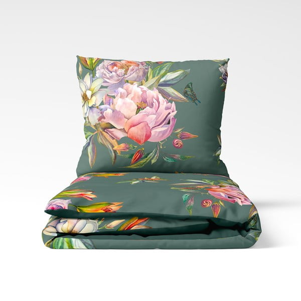 Tamsiai žalios spalvos dvivietė patalynė iš medvilnės satino Bonami Selection Floret, 160 x 220 cm-image-2