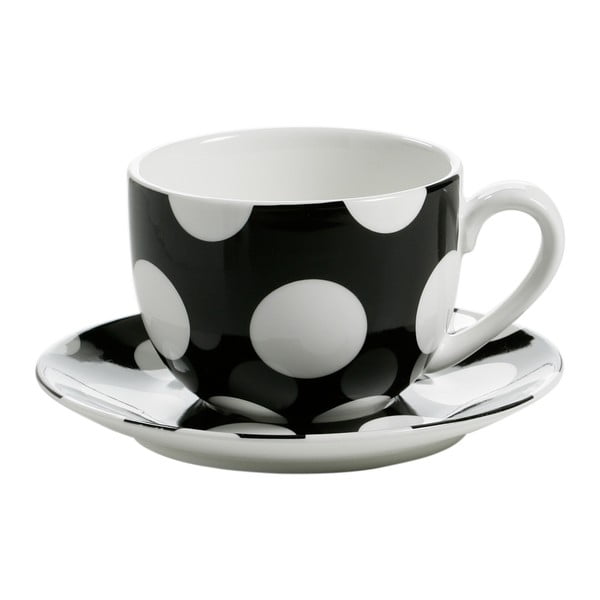 4 juodų porcelianinių puodelių ir lėkščių rinkinys "Maxwell & Williams Polka Dot", 250 ml
