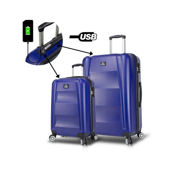 2 mėlynų kelioninių lagaminų ant ratukų su USB jungtimis rinkinys "My Valice LASSO Cabin & Large-image-1