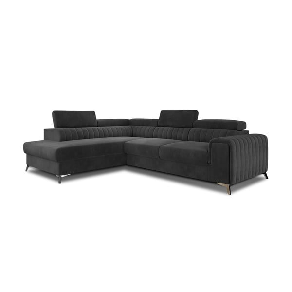 Tamsiai pilkos spalvos iš velveto sulankstoma/su sandėliavimo vieta kampinė sofa (su kairiuoju kampu/„L“ formos) Laurence – ELTAP