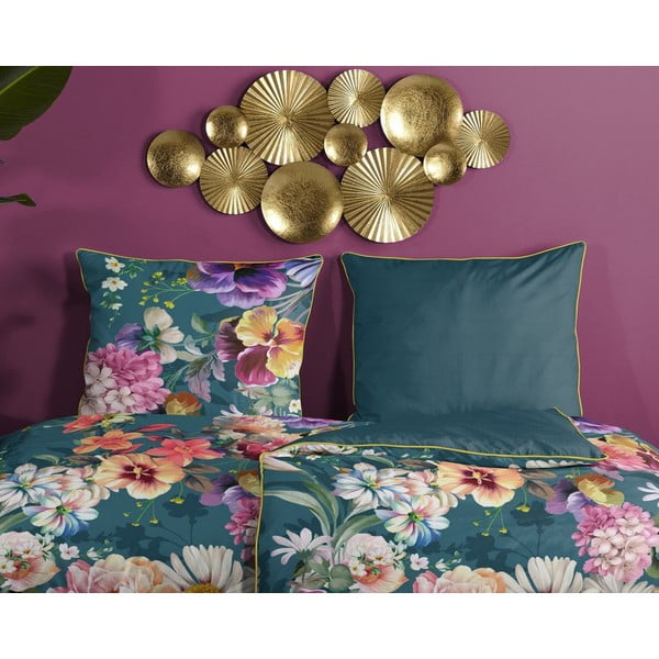 Smaragdo mėlynos spalvos viengulė patalynė iš ekologiškos medvilnės Descanso Sunflower, 140 x 200 cm-image-2