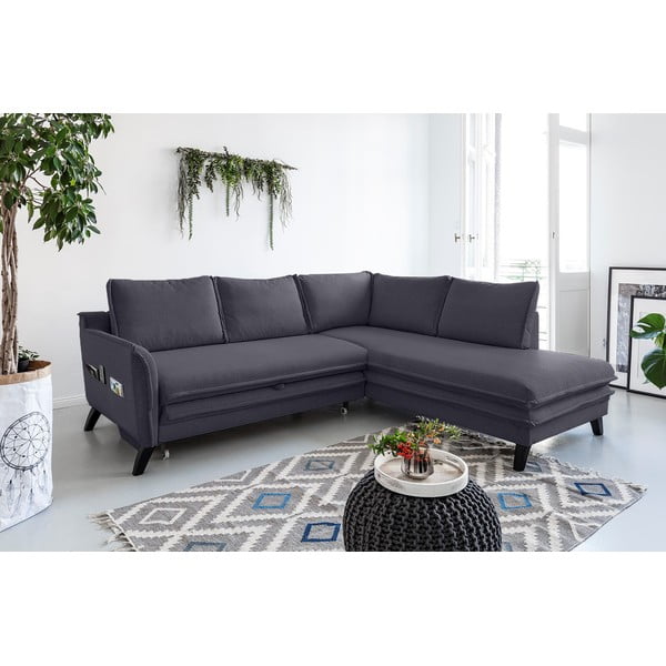 Tamsiai pilkos spalvos kampinė sofa-lova Miuform Charming Charlie L, dešinysis kampas-image-4