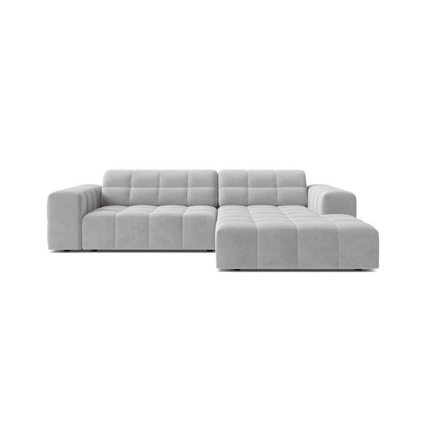 Šviesiai pilkos spalvos kampinė sofa iš velveto (su dešiniuoju kampu/su gultu) Chicago – Cosmopolitan Design