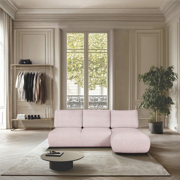 Šviesiai rožinės spalvos iš boucle kampinė sofa (su dešiniuoju kampu/su gultu) Mirel – Rodier-image-1