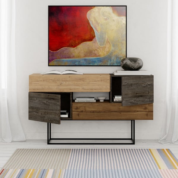 Žema šoninė spintelė rudos spalvos/natūralios spalvos iš ąžuolo 145x82 cm Titan – Marckeric-image-1