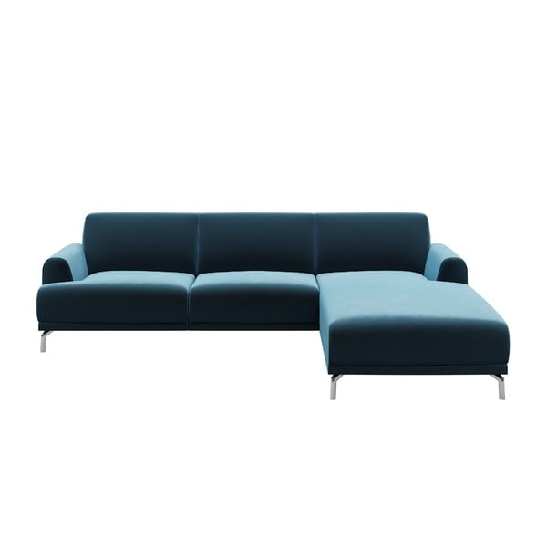 Mėlynos spalvos aksominė kampinė sofa MESONICA Puzo, dešinysis kampas
