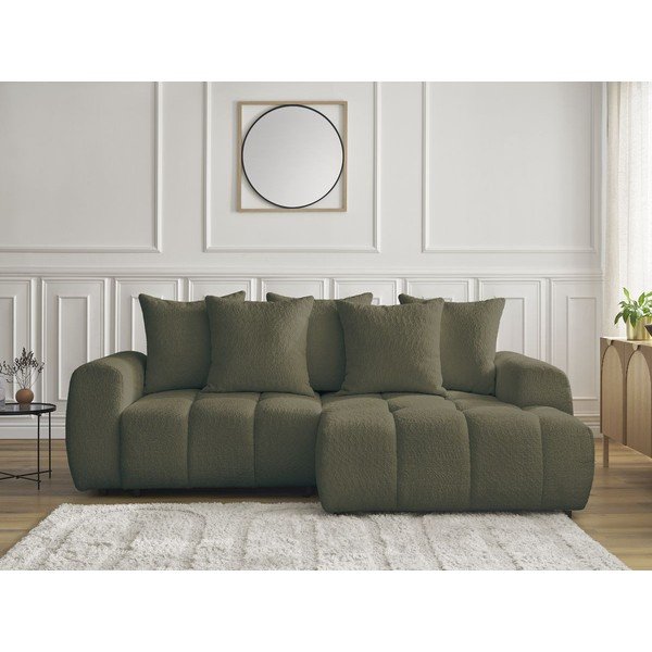 Khaki spalvos sulankstoma/su sandėliavimo vieta kampinė sofa iš boucle (su dešiniuoju kampu/su gultu) Roxelane – Bobochic Paris-image-1