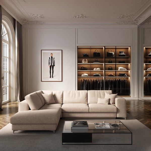 Smėlio spalvos iš boucle sulankstoma/su sandėliavimo vieta kampinė sofa (su kairiuoju kampu/„L“ formos) Rene – Rodier-image-1