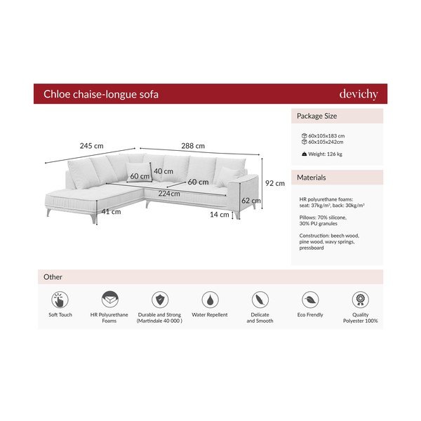 Tamsiai pilka kampinė sofa Devichy Chloe, dešinysis kampas, 288 cm-image-4