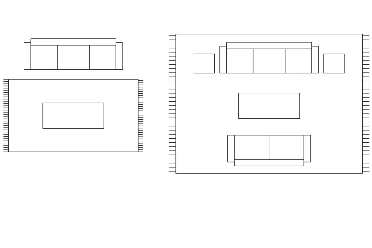 Didesnei svetainei ieškokite kilimo, kuris išsikištų už baldų sėdimosios dalies ribų.