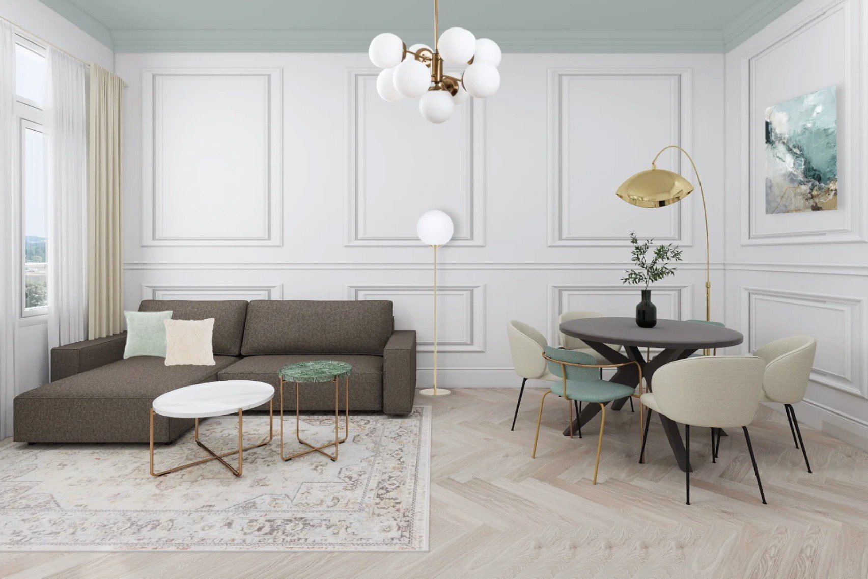 Svetainės erdvės dizaino sprendimas remiasi aukštomis lubomis, simetrija ir subtiliomis glamour stiliaus detalėmis.