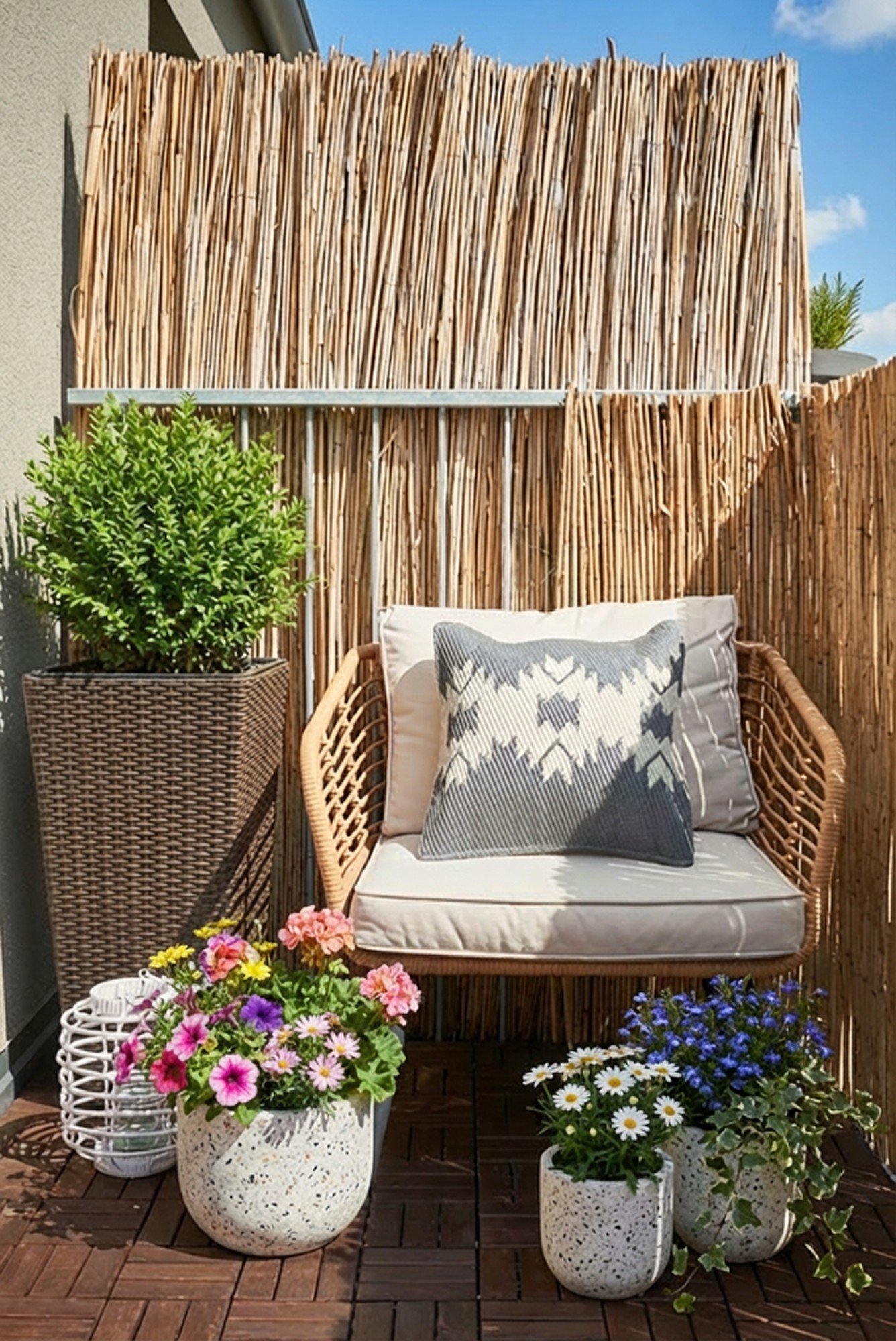 Privatumą galite lengvai sukurti naudodami natūralaus bambuko arba nendrių širmą, kuri taip pat suteiks erdvei jaukumo.