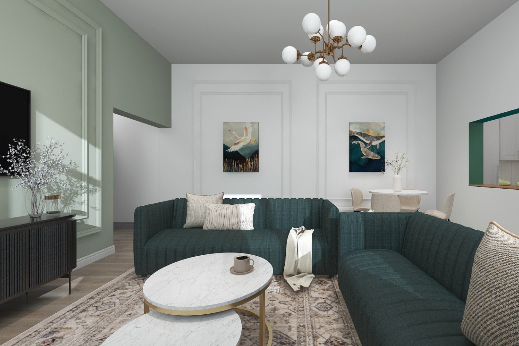 Ryški sofa tapo natūralus viso gyvenamojo ploto, aplink kurį vyksta kasdienis gyvenimas, traukos taškas. Spalvų gama ir baldų išdėstymas skatina atvirumo ir komforto pojūtį.