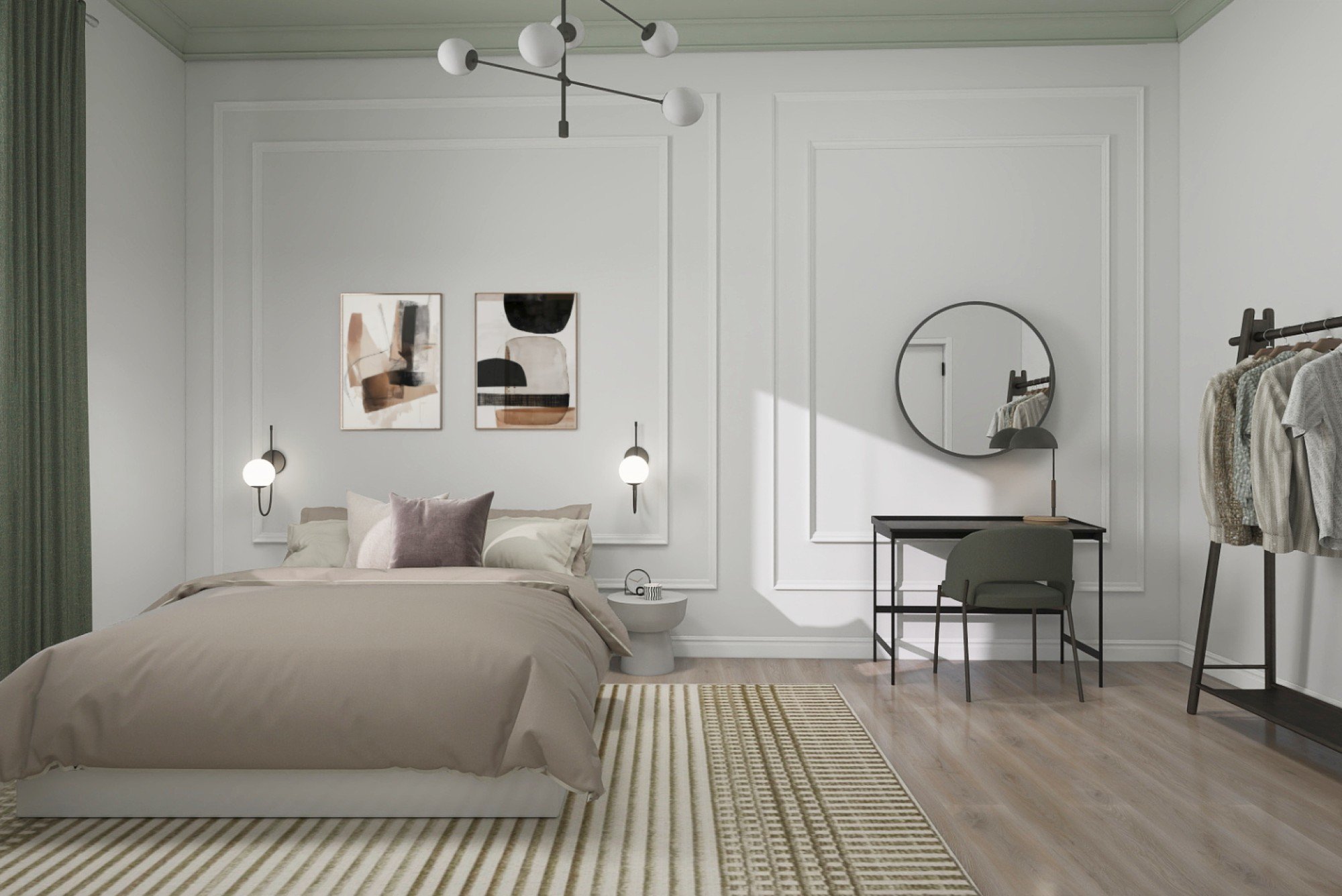 Dizainas pasižymi subtiliomis spalvomis ir sumaniu erdvės padalijimu, kur miegamasis ir darbo zona natūraliai veikia viena šalia kitos.