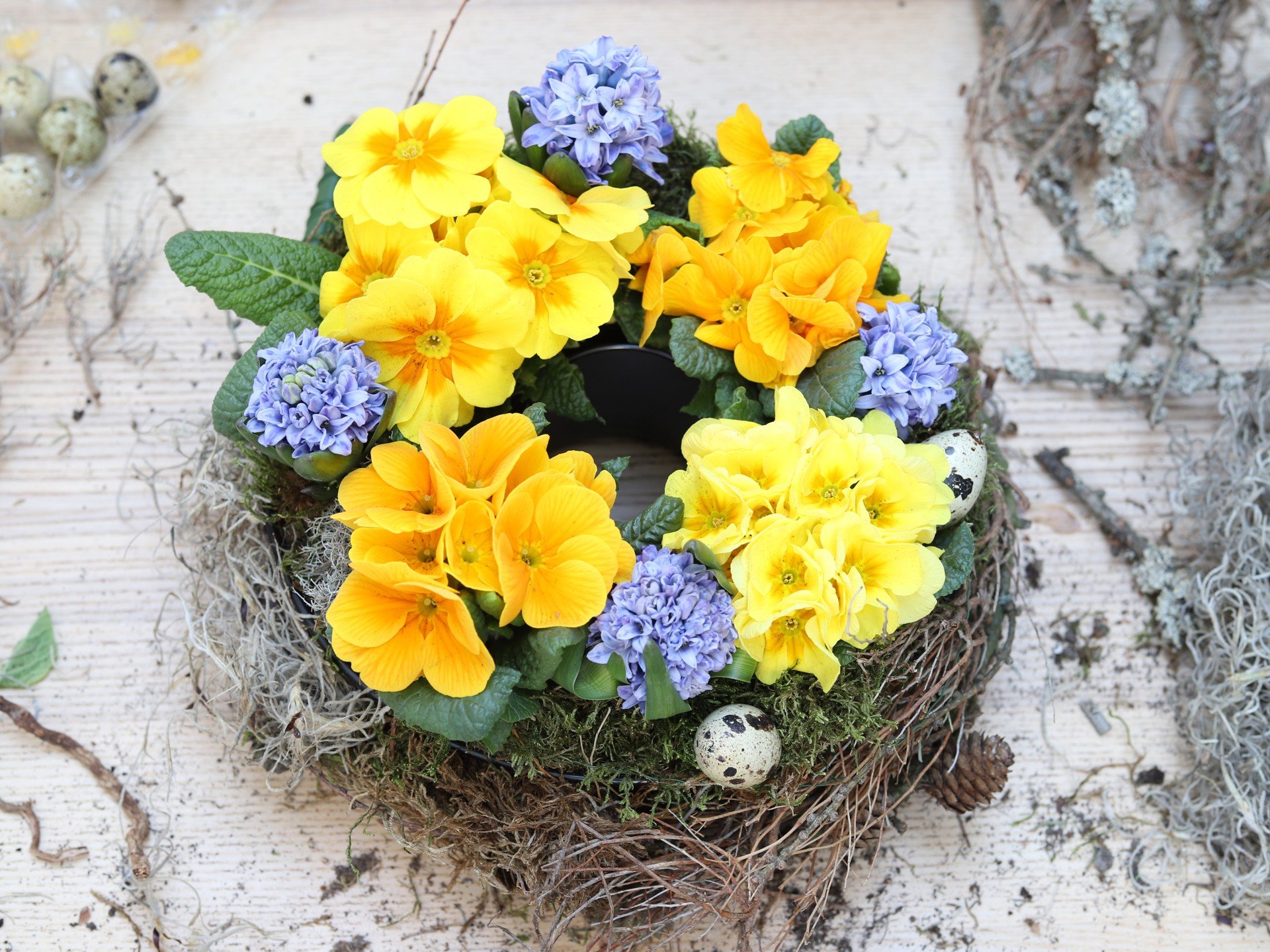 Spalvingas stalo vainikas, pagamintas iš vazoninių pavasarinių augalų.