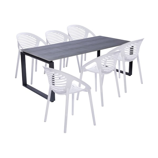 Sodo valgomojo komplektas 6 asmenims su baltomis kėdėmis Joanna ir stalu Strong, 210 x 100 cm