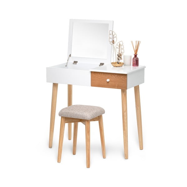 Baltas tualetinis staliukas su veidrodžiu, papuošalų dėžute ir taburete Bonami Essentials Beauty