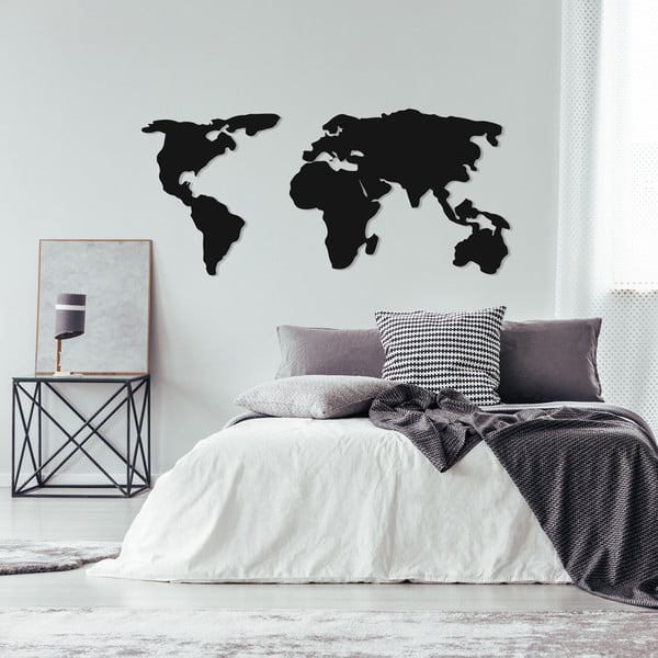 Juodo metalo sieninė dekoracija World Map 2, 121 x 56 cm