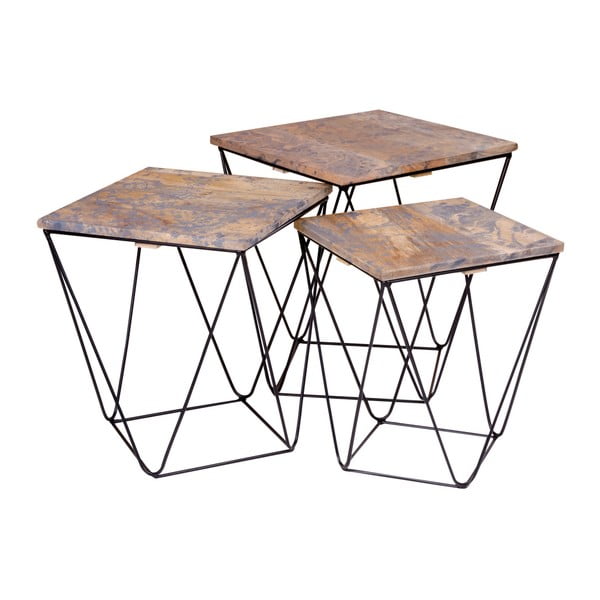 3 stalų su pilkos mangmedžio medienos stalviršiais rinkinys House Nordic Ranchi