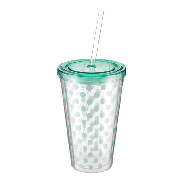 Premier Housewares puodelis su taškuotais taškeliais, mėtų žalios spalvos dangteliu ir šiaudeliu, 450 ml