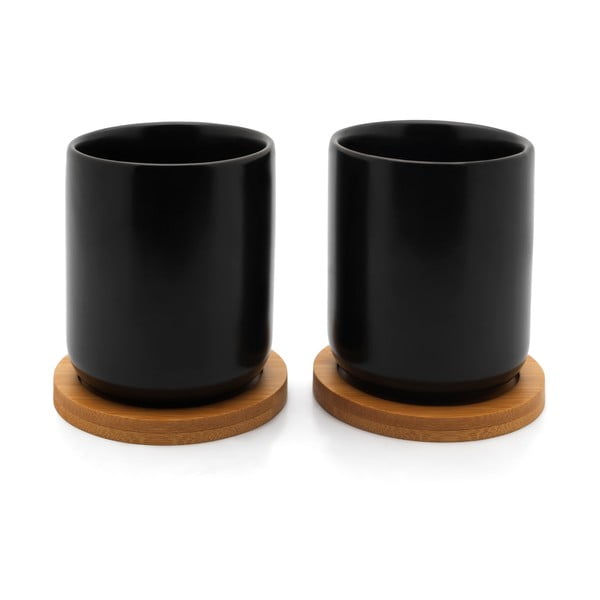 2 juodų keraminių puodelių rinkinys su bambukiniais padėkliukais Bredemeijer Umea, 200 ml