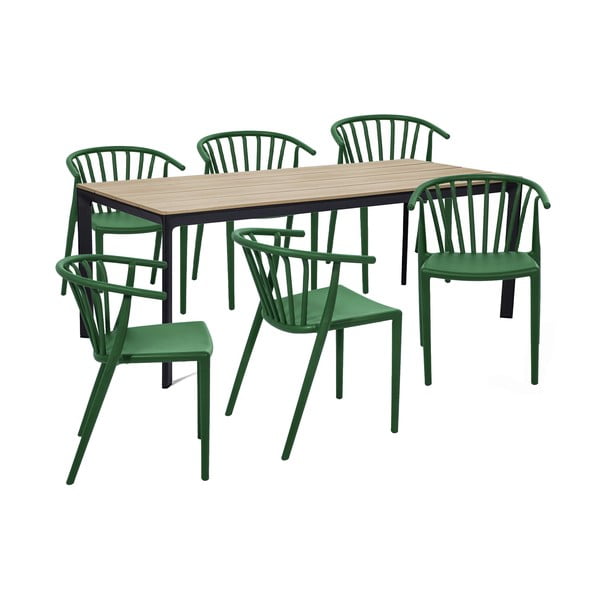 Sodo valgomojo komplektas 6 asmenims su žaliomis kėdėmis Capri ir stalu Thor, 210 x 90 cm