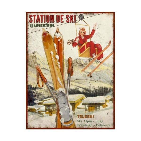 Dekoratyvinis metalinis ženklas Antic Line Station de Ski, 25 x 33 cm