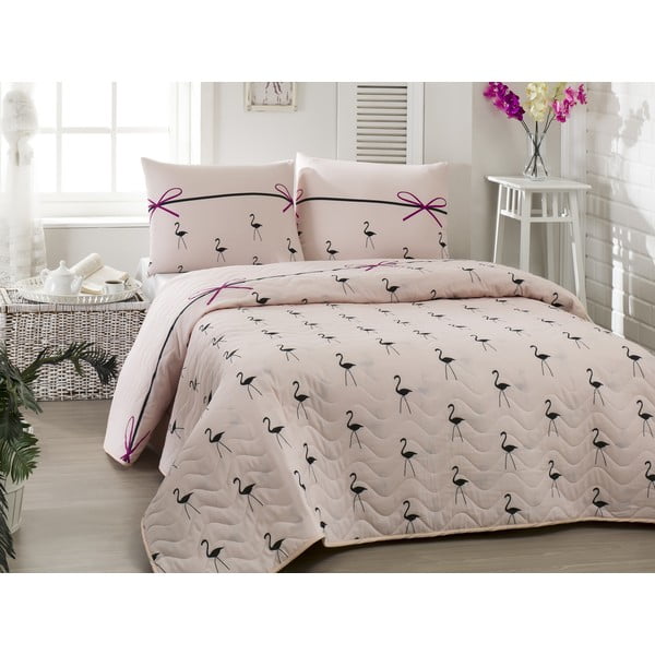 Rožinė dygsniuota lengva lovatiesė su pagalvių užvalkalais Flamingo Powder, 200 x 220 cm