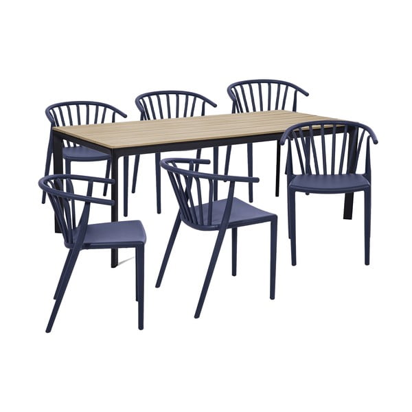 Sodo valgomojo komplektas 6 asmenims su mėlynomis kėdėmis Capri ir stalu Thor, 210 x 90 cm
