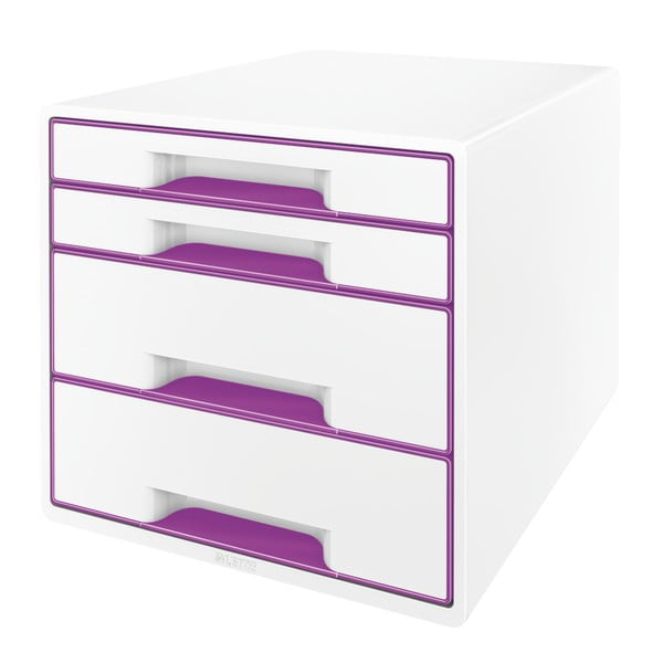 Baltos ir violetinės spalvos dėžė su stalčiais Leitz WOW CUBE, 4 stalčiai