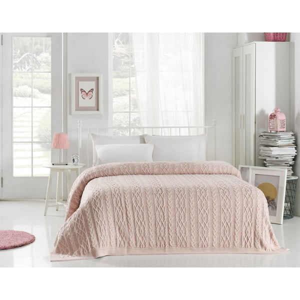 Šviesiai rožinė lovatiesė Mezgimas, 220 x 240 cm
