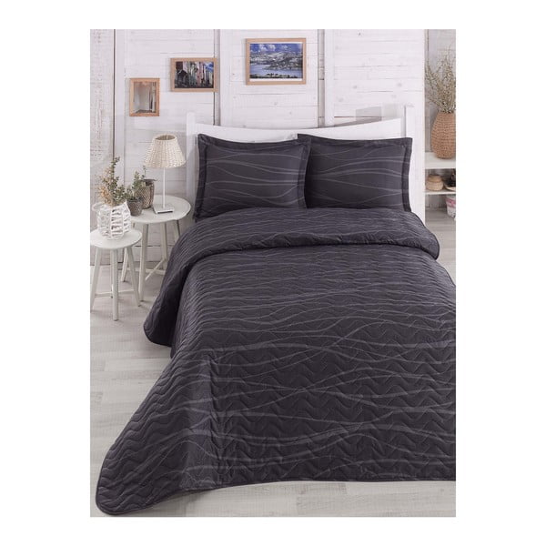 Tamsiai pilka dygsniuota dvigulė lovatiesė su pagalvių užvalkalais Verda Grey, 200 x 220 cm