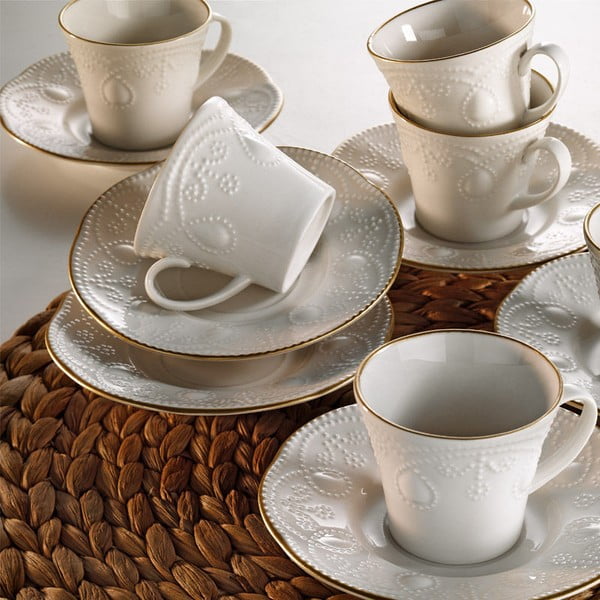 6 porcelianinių puodelių ir lėkščių rinkinys Kutahya Stitched