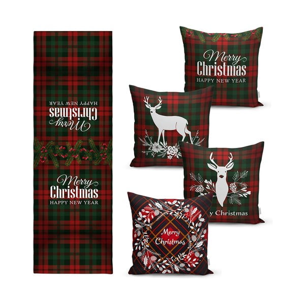 4 kalėdinių pagalvių užvalkalų ir staltiesės rinkinys Minimalist Cushion Covers Tartan Christmas
