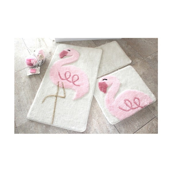 3 rožinių ir baltų vonios kilimėlių rinkinys Chilai Home by Alessia Flamingo
