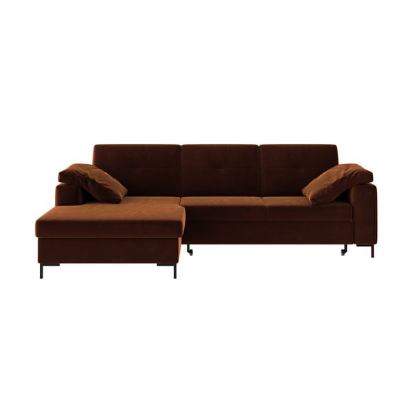 Tamsiai oranžinės spalvos aksominė kampinė sofa-lova Ghado Moor, kairysis kampas