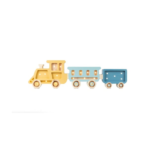 Geltonos ir mėlynos spalvos pušies medienos stalinis šviestuvas Little Lights Train, 58 cm ilgio