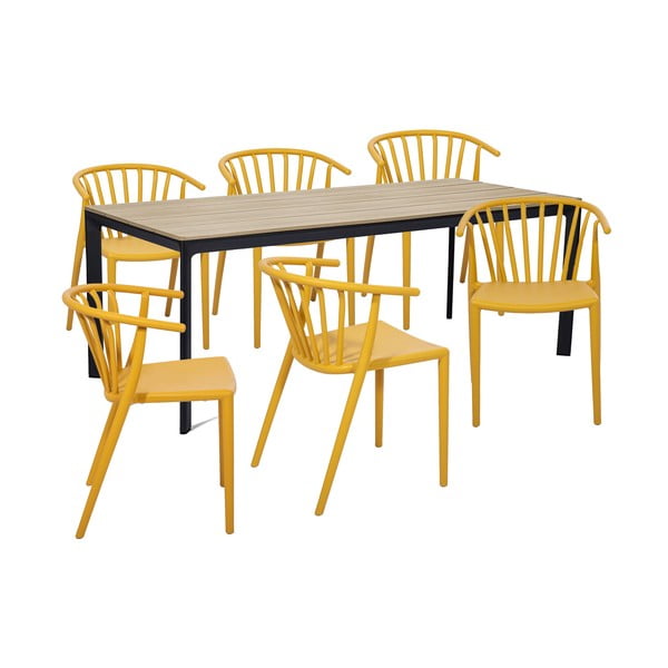 Sodo valgomojo komplektas 6 asmenims su geltonomis kėdėmis Capri ir stalu Thor, 210 x 90 cm