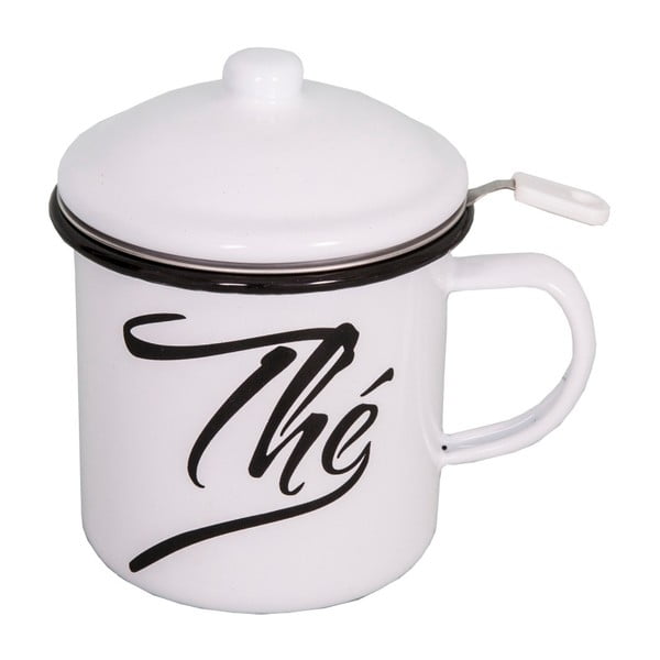 Baltas emaliuotas puodelis su dangteliu ir arbatos sieteliu Antic Line Classic, 11 cm aukščio
