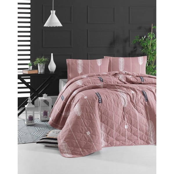 Rožinė medvilninė lovatiesė su 2 pagalvių užvalkalais EnLora Home Modena, 225 x 240 cm