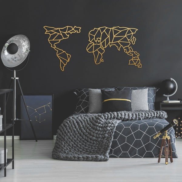 Metalinė aukso spalvos sienų dekoracija Geometric World Map, 120 x 58 cm