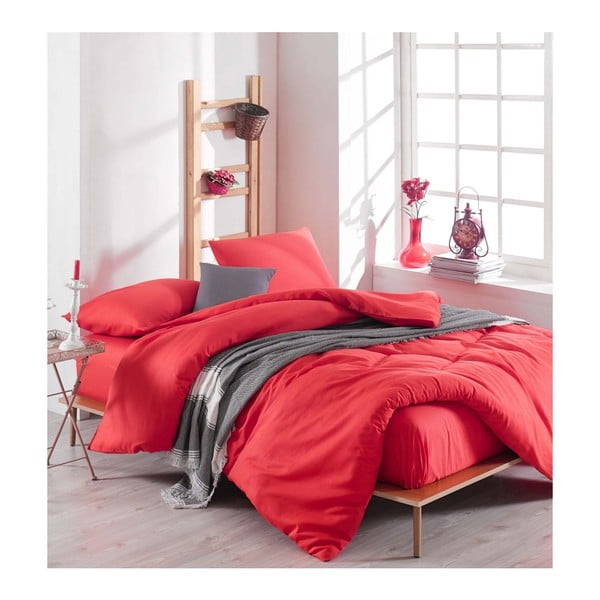 Raudonos spalvos patalynės komplektas su paklode dvigulei lovai Basso Rojo, 200 x 220 cm