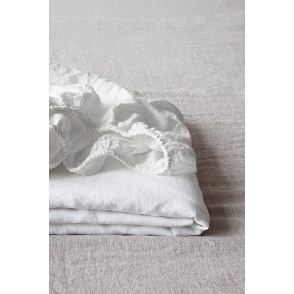 Balta lininė elastinė paklodė Linen Tales, 180 x 200 cm