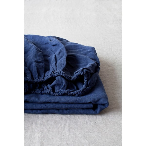 Tamsiai mėlynas lininis elastinė paklodės Linen Tales, 90 x 200 cm