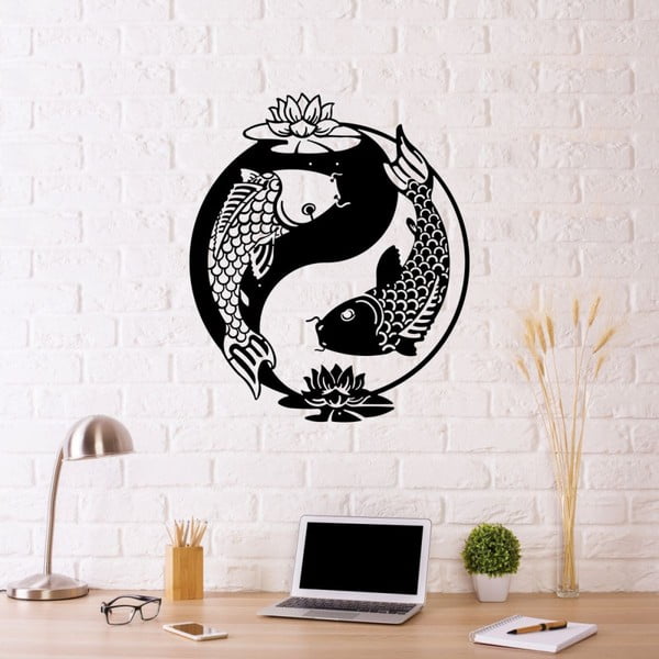 Juodo metalo sieninė dekoracija Fish Yin Yang, 41 x 49 cm