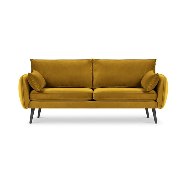 Geltona aksominė sofa su juodomis kojomis Kooko Home Lento, 198 cm