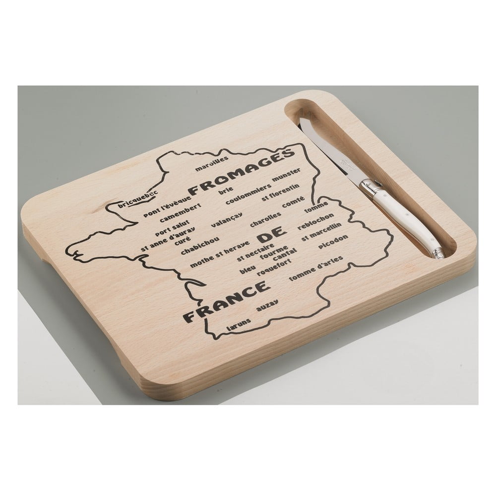 Medinės pjaustymo lentelės su Prancūzijos žemėlapiu ir sūrio peiliu rinkinys Jean Dubost