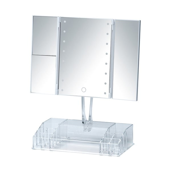 Baltas sulankstomas kosmetinis veidrodėlis su LED apšvietimu ir makiažo dėklu Fanano