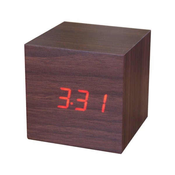 Tamsiai rudas žadintuvas su raudonu LED ekranu Gingko Cube Click Clock