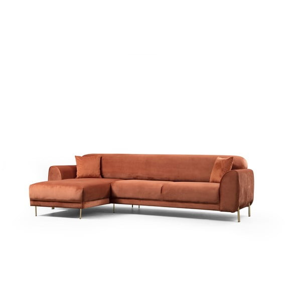 Oranžinės ir rudos spalvos kampinė sofa-lova su aksomo apmušalais Artie Image, kairysis kampas